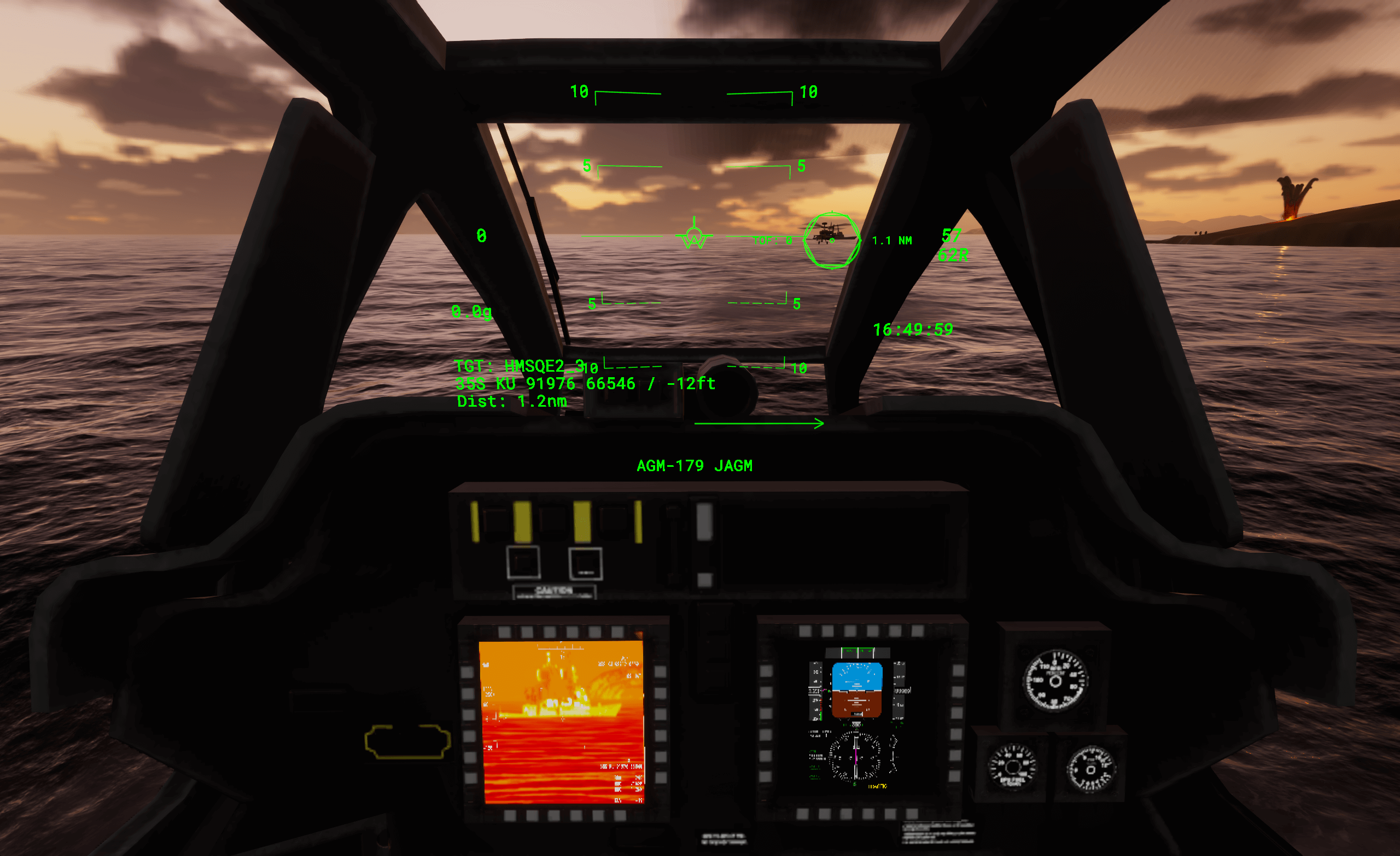 View from a helicopter cockpit targeting a ship at sea.