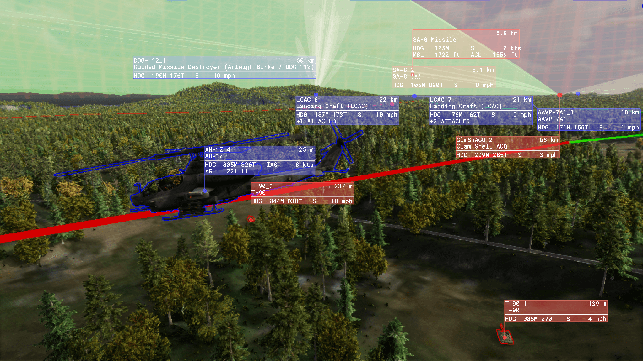 Simulated attack helicopter mission with multi-unit data tracking.