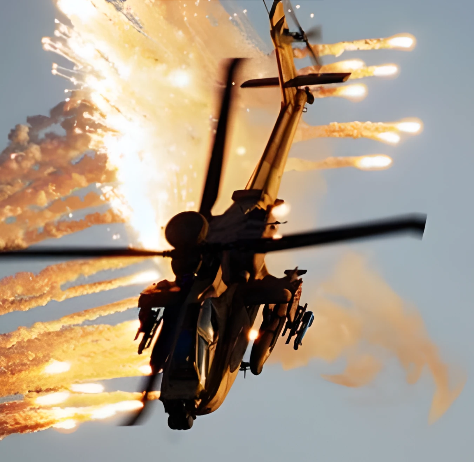 A military attack helicopter deploying several bright defensive flares while banking mid-flight.